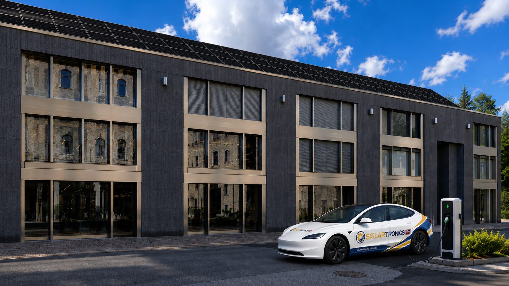 Solartronics-branded electric car charging beside a solar-paneled commercial building
